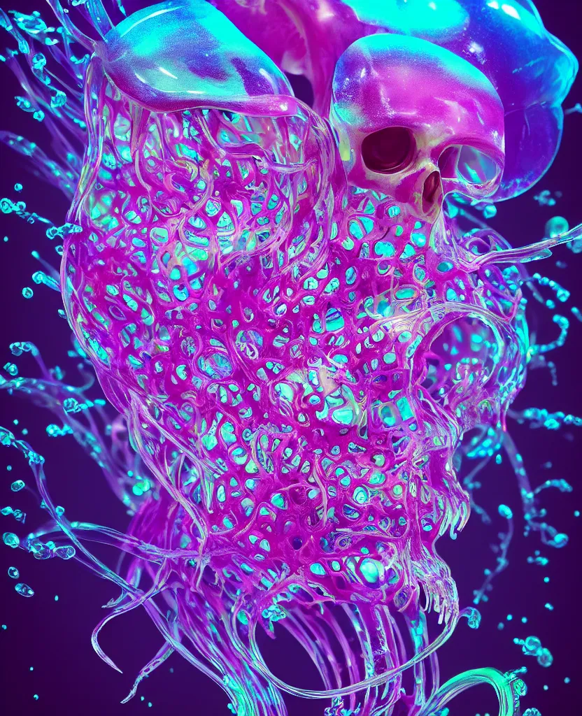 Image similar to close-up portrait of skull dichroic orchid jellyfish skull, betta fish, bioluminiscent creatures, intricate artwork by Tooth Wu and wlop and beeple. octane render, trending on artstation, greg rutkowski very coherent symmetrical artwork. cinematic, hyper realism, high detail, octane render, 8k