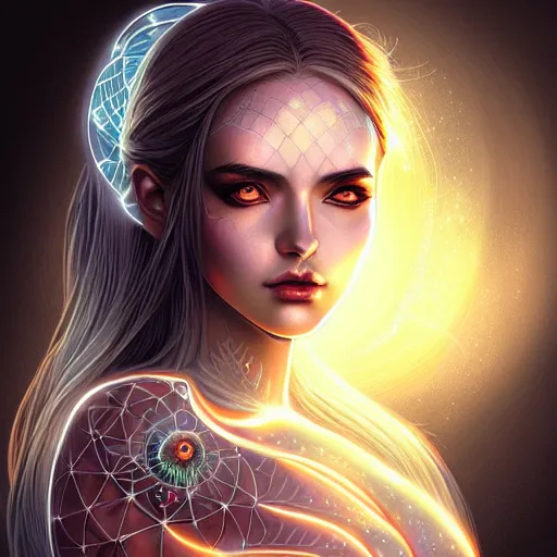 Image similar to a symmetrical portrait of a mystical feminine creature with glowing energies and particals, metal scales, surrounded by spirits, gloomy cinematic lighting, highly detailed, illustrated novel, by artgerm and miura