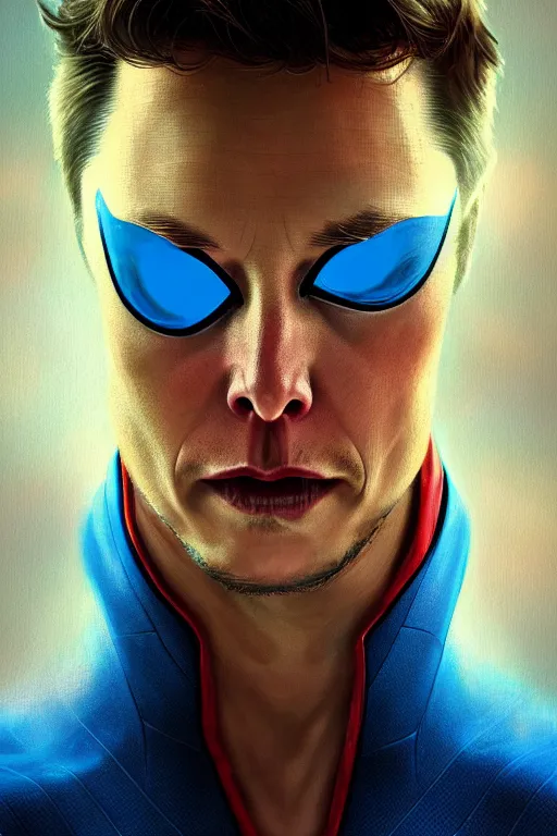 Image similar to elon musk as a blue suit spider man, realistic portrait, symmetrical, highly detailed, digital painting, artstation, concept art, smooth, sharp focus, illustration, cinematic lighting, art by artgerm and greg rutkowski and alphonse mucha