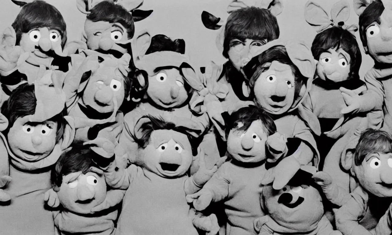 Image similar to Beatles dressed as teletubbies, photo from set of Sesame street