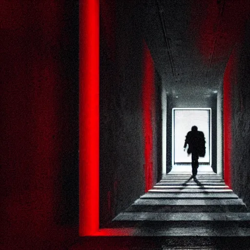 Image similar to photograph of an extremely dark narrow hallway with glowing humanoid monster made out of tv static, dark deep black shadows, red and black color contrast in the style of trevor henderson, liminal space, 3 d octane render, glitch effect