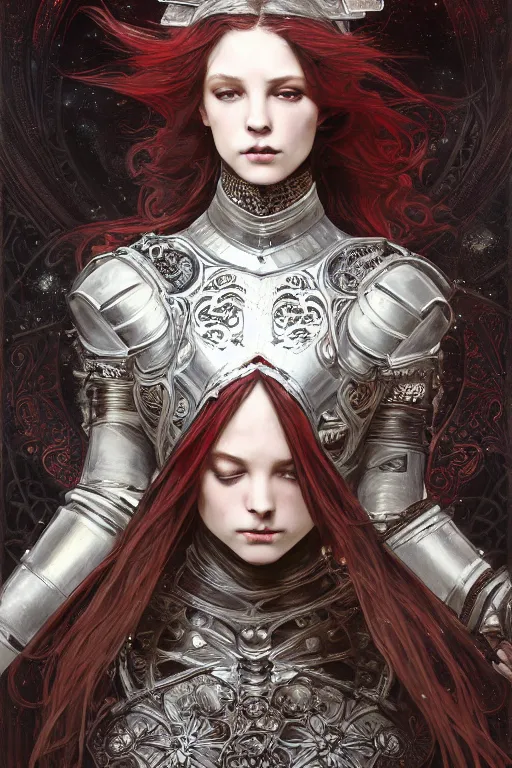 Image similar to beautiful luxury and elite and victorian and holy medieval female red and white silver mirror color armor knight portrait+smoky eyes+light flowing hair, in ruin gothic cathedral, ultradetail face, art and illustration by tian zi and craig mullins and WLOP and alphonse mucha, fantasy, intricate complexity, human structure, fantasy world concept, watermark, blurry, hyperrealism 8k