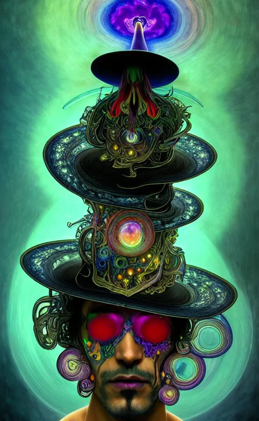 Image similar to An extremely psychedelic celestial undertaker in his black fedora hat, colorful, surreal, dramatic lighting, magic mushrooms, psilocybin, LSD, face, detailed, intricate, elegant, highly detailed, digital painting, artstation, concept art, smooth, sharp focus, illustration, art by Krenz Cushart and Artem Demura and alphonse mucha