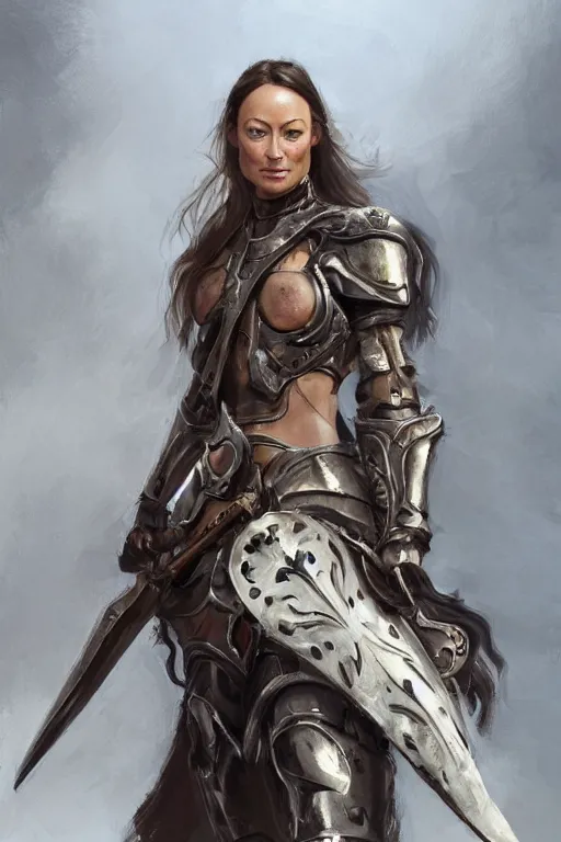 Image similar to a professionally painted portrait of Olivia Wilde, clothed in ancient battle armor, olive skin, long dark hair, beautiful bone structure, symmetrical facial features, intricate, elegant, digital painting, trending on Artstation, concept art, smooth, sharp focus, illustration, from Metal Gear by Ruan Jia and Mandy Jurgens and Artgerm and and william-adolphe bouguerea, award winning