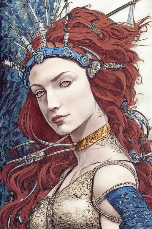 Image similar to boudica the barbarian queen, in a mixed style of Botticelli and Æon Flux, inspired by pre-raphaelite paintings and shoujo manga, a misty moor landscape in the background, hyper detailed, stunning inking lines, flat colors, 4K photorealistic