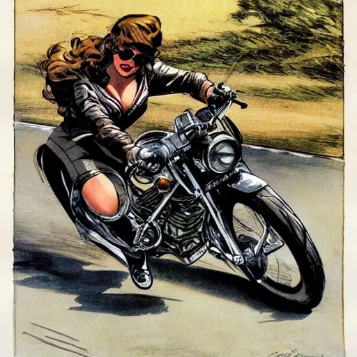 Image similar to a pin up riding a touring motorcycle at high speed, front view, by milo manara