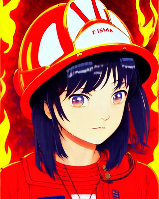 Prompt: fireman, fire helmet, flames background | | very very anime!!!, fine - face, audrey plaza, realistic shaded perfect face, fine details. anime. realistic shaded lighting poster by ilya kuvshinov katsuhiro otomo ghost - in - the - shell, magali villeneuve, artgerm, jeremy lipkin and michael garmash and rob rey