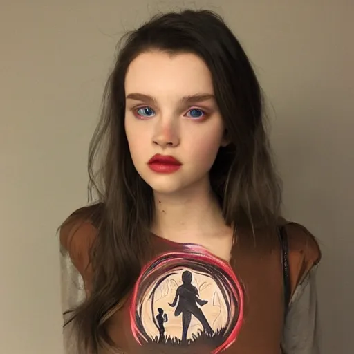 Image similar to full body painting of the stranger things logo on a beautiful fashion model