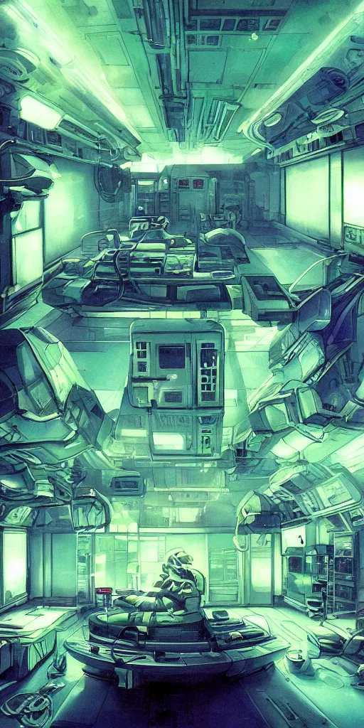 Prompt: spaceship medic room , mysterious laboratory, thick green mist, low ceiling, cables hanging from ceiling, thick cables on ground, god rays of light, huge computer screens, neons, saturated top light , epic scene, scifi, illustration, art by Juan Giménez and moebius