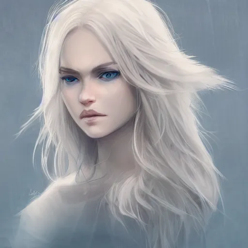 Image similar to woman, messy wavy white hair, light blue eyes, beautiful, portrait, d & d, character art, matte, sharp focus, illustration, concept art,