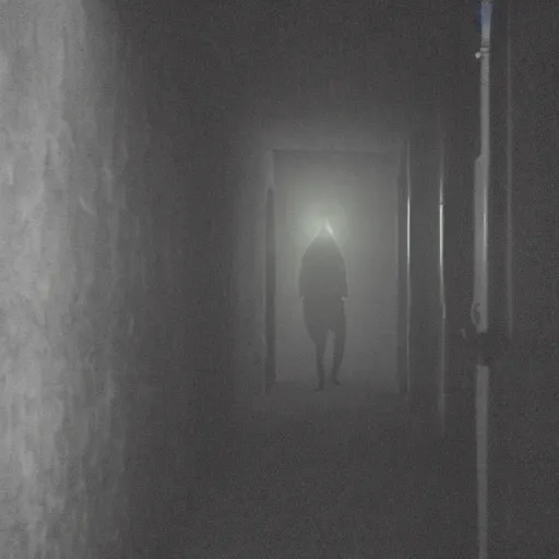 Image similar to hi - 8 night vision camera footage of a barely visible, bipedal minotaur with shrouded in darkness at the end of an extremely dark hallway