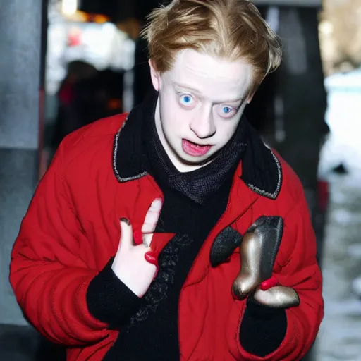 Prompt: macaulay culkin as a miserable shoe in winter