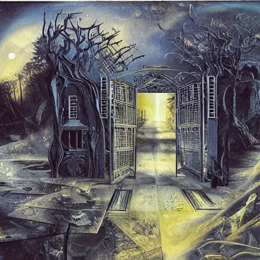 Image similar to the gate between reality and simulation, matte painting by ivan shishkin and roberto matta and dave mckean