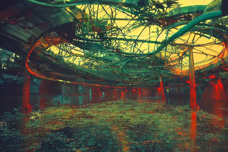 Prompt: Film still of a brightly lit bridge on a space ship, metal, floor grills, ventilation shafts, dusty, orange and red lighting, burning fire, water dripping, puddles, wet floor, rust, decay, green vines, overgrown, tropical, Cinestill colour cinematography, anamorphic