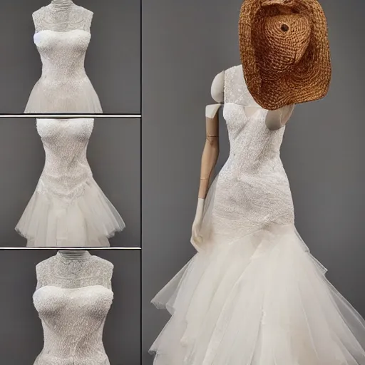 Prompt: full view, a beautiful full detailed ocean inspired wedding dress, put on a mannequin