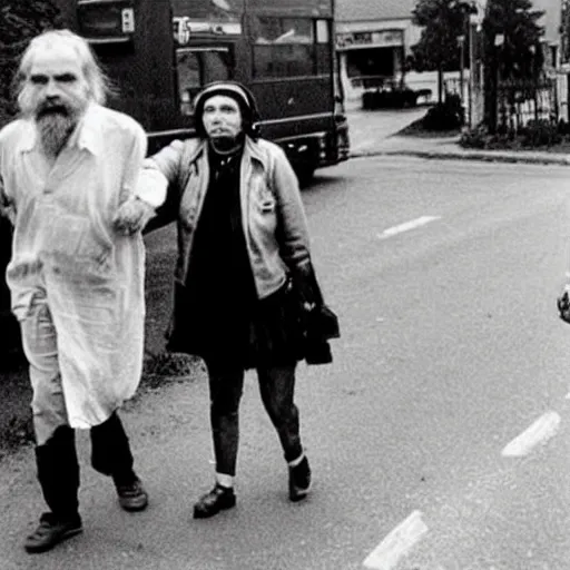 Image similar to Charles Manson helping an old lady crossing the road