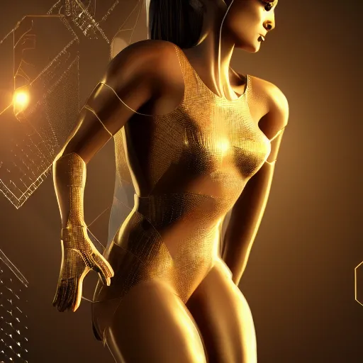 Prompt: Epic cinematic action scene render of a very beautiful female wearing Abstract tech bodysuit, focus, realistic eyes, symmetric body features proportions, golden ratio, ultra intricate details, award winning, unreal render
