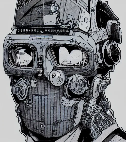 Prompt: a cyberpunk man with a patchwork face of various ethnicities, techwear, Industrial Scifi, detailed illustration, character portrait, by Martin Grip and Moebius
