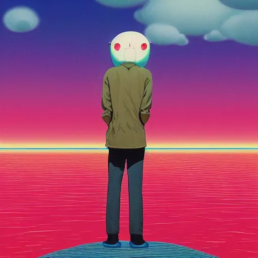 Image similar to a man walking on clouds away from the camera above a lake by takashi murakami, beeple and james jean, aya takano color style, 4 k, super detailed, modern, 4 k, symmetrical