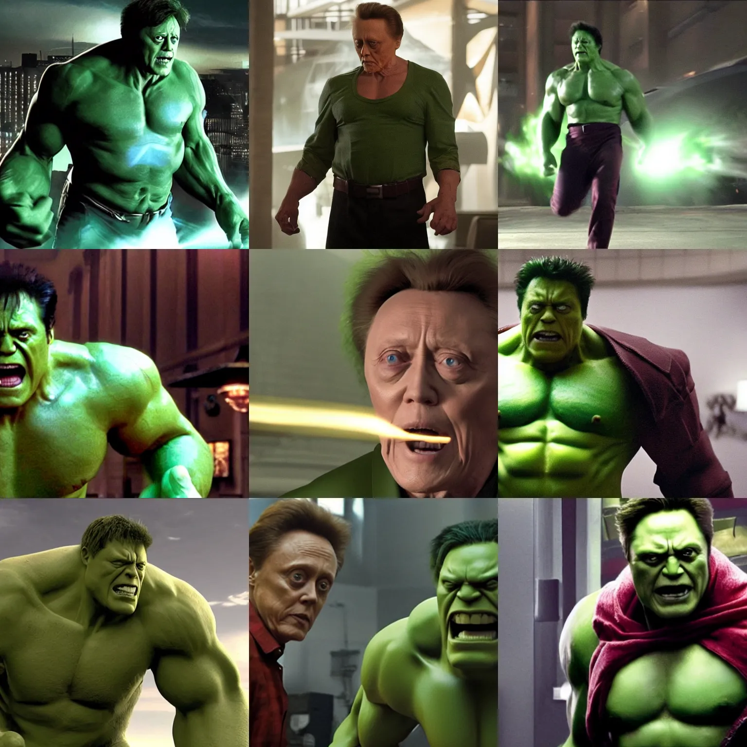 Prompt: christopher walken as the hulk in the avengers ( 2 0 1 2 ), cinematography