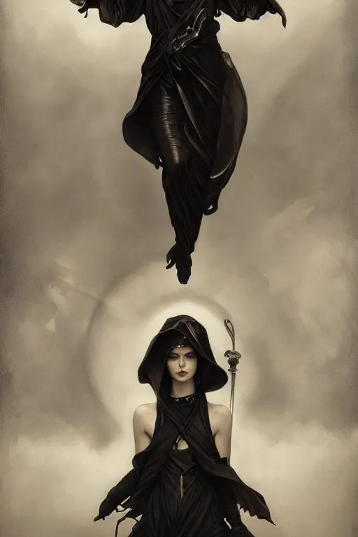 Image similar to portrait of the angel of death, black and silver, by tom bagshaw and alphonse mucha and atey ghailan and artgerm and and greg rutkowski, hyper realistic, octane render, trending on artstation