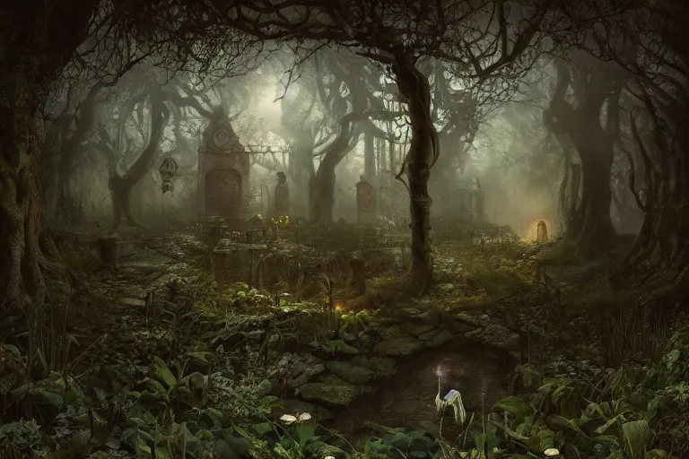 Image similar to secret garden, dark, spooky, dreamlike, in the style of pan's labyrinth movie, low light, hyperrealistic, coherent composition, artstation, matte painting, concept art, edward hughes