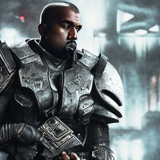 Prompt: Kanye West as the emperor of humanity from warhammer 40k in Gears of War, splash art, movie still, cinematic lighting, detailed face, dramatic, octane render, long lens, shallow depth of field, bokeh, anamorphic lens flare, 8k, hyper detailed, 35mm film grain