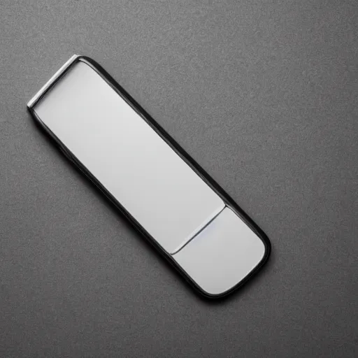 Image similar to award winning product photography of a sleek, futuristic, minimalist flip phone designed by apple, studio lighting, white background, 8 k, ultra detailed,