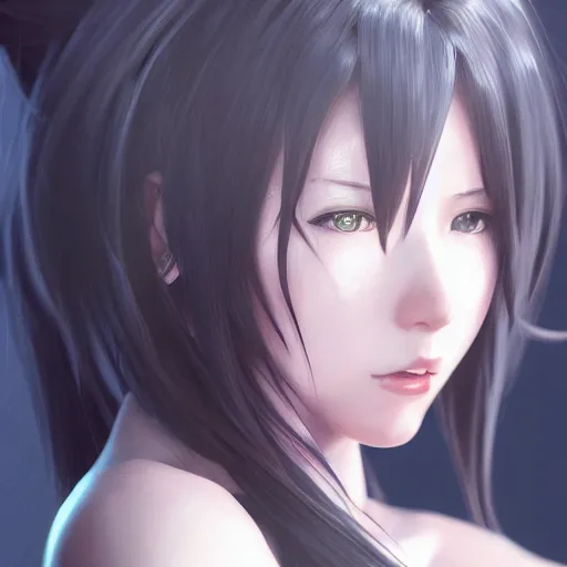 Image similar to head and shoulders of tifa lockhart by wlop, rossdraws, mingchen shen, bangkuart, sakimichan, yan gisuka, jeongseok lee, artstation, 4k