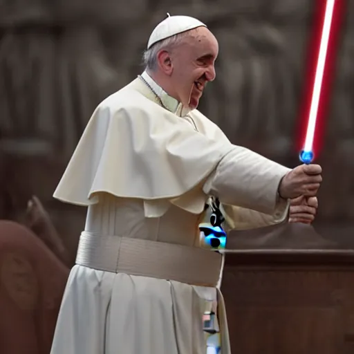 Image similar to pope francis in star wars episode 3, 8 k resolution, cinematic lighting, anatomically correct