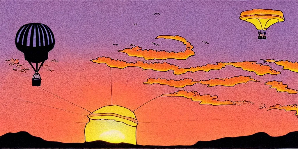 Prompt: hot air balloon, sunset, cartoon by moebius