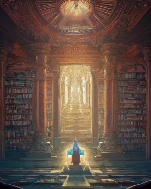 Prompt: highly detailed surreal vfx portrait of a sacred grand library filled with wisdom of the ages and vast knowledge, stephen bliss, unreal engine, greg rutkowski, loish, rhads, beeple, makoto shinkai and lois van baarle, ilya kuvshinov, rossdraws, tom bagshaw, alphonse mucha, global illumination, detailed and intricate environment