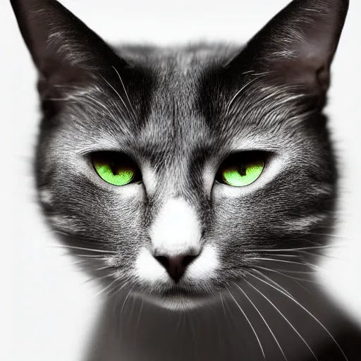 Image similar to a cat potrait, glowing, frontal view, cool looking, high resolution