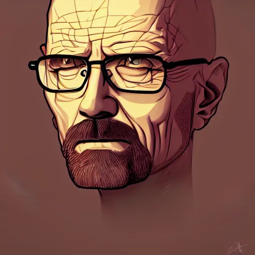 Image similar to high quality, walter white, portrait, cyberpunk colors, neotrad, lois van baarle, moebius, league of legend, arcane style