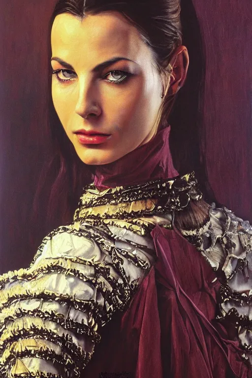 Image similar to hyperrealism oil painting, close - up portrait of carole bouquet medieval brunette vampire fashion model, knight, steel gradient mixed with nebula sky, in style of baroque