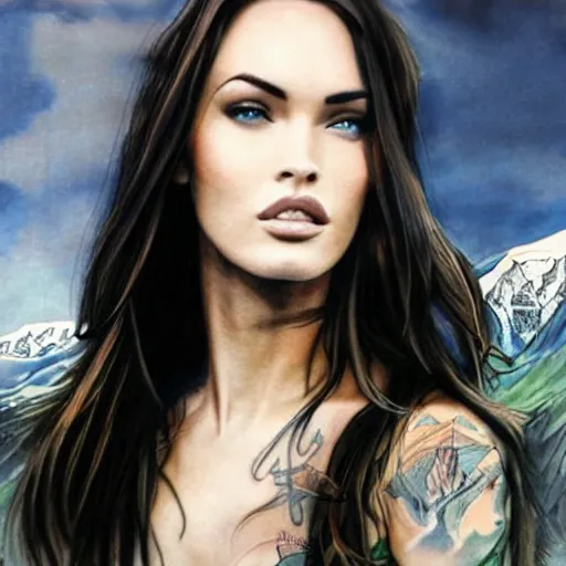 Image similar to realism tattoo sketch of double exposure megan fox with beautiful mountain scenery, in the style of andrey lukovnikov