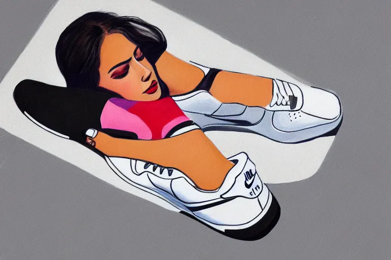 Image similar to a ultradetailed painting of a stylish woman laying on the ground, she is wearing nike air force 1 sneakers, trending on artstation