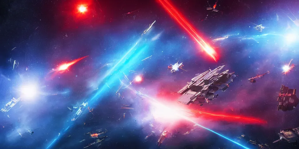 Prompt: movie poster of an impressive space battle, explosions, lasers, red and blue hue, cinematic
