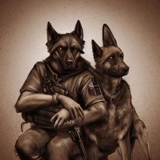 Prompt: two humanoid german shepherds beast - men, sitting on a couch and hugging together in military style, artstation.
