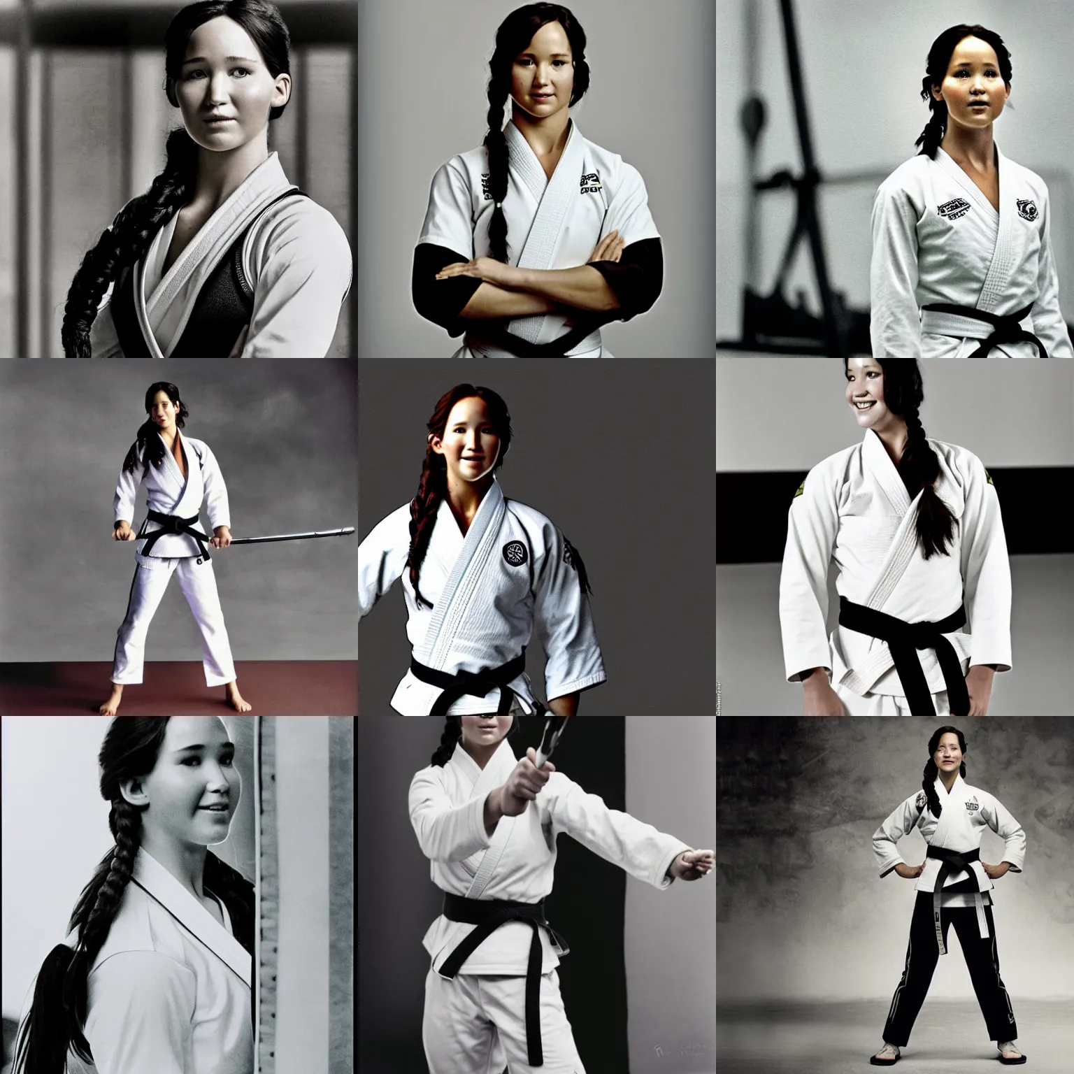 Prompt: Katniss Everdeen as a judo black belt teacher, wearing white clothes, in a gym, smiling, 1918, detailed high quality photo by Annie Leibovitz