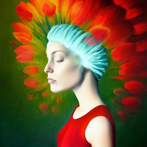 Image similar to huge flower as head, woman standing in a luxury apartment, surreal photography, dramatic light, impressionist painting, digital painting, artstation, georgia o'keeffe