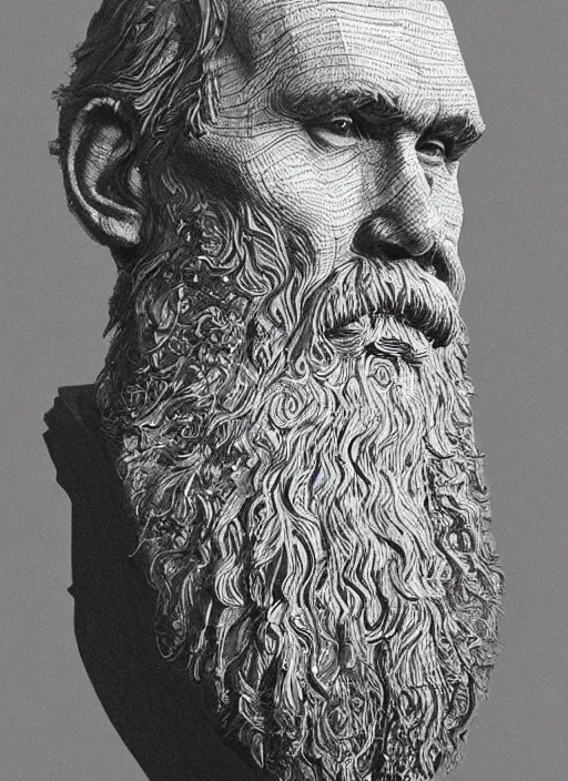 Image similar to sculpture of leo tolstoy made of wood, portrait, future, wood, tree, harper's bazaar, vogue, magazine, insanely detailed and intricate, concept art, close up, ornate, luxury, elite, elegant, trending on artstation, by ruan jia, by Kenneth Willardt, by ross tran, by WLOP, by Andrei Riabovitchev,