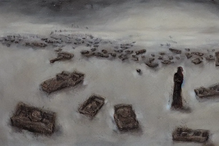 Image similar to a surrealist painting of a lonely woman with pale skin and red hair, standing over pile of bodies in post apocalyptic snowy landscape, golden ratio, painted by zdzisław beksinski