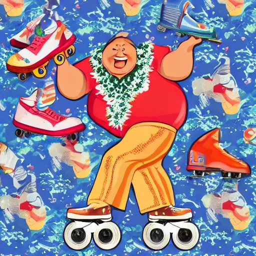 Image similar to happy fat man in a hawaiian shirt and roller skates