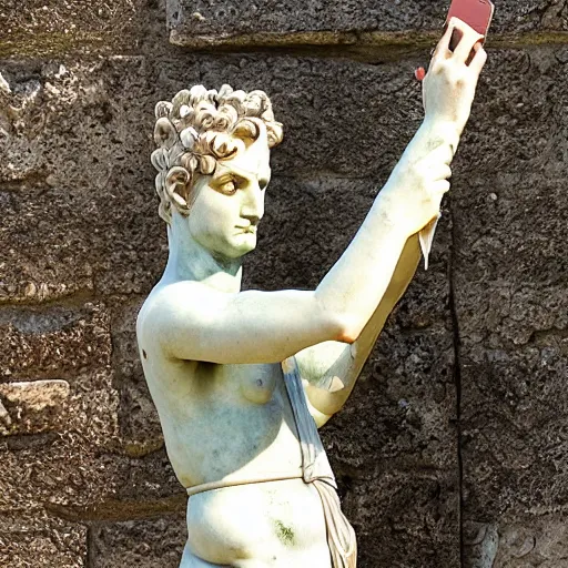 Prompt: ancient roman statue taking a selfie, high quality