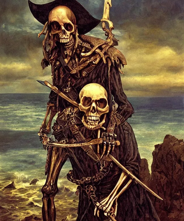 Image similar to ultra realistic color portrait painting of an skeletal 1 7 th century pirate with a sword in a grotto, dark, painted, brooding, atmospheric, seascape, lovecraft, horror, smooth, epic, highly detailed, cinematic, by angus mcbride