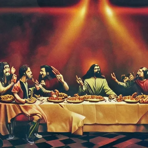 Prompt: album cover of freddie mercury in the last supper in the jungle eating hamburgers