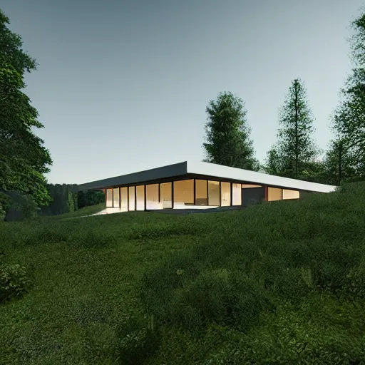 Image similar to a clearing in the forest revealing a private, modern home on a hill, garden, long driveway, unreal engine