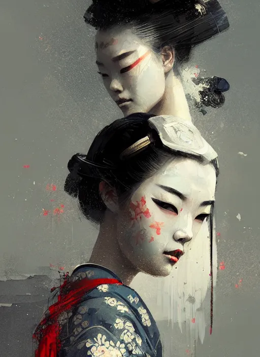 Image similar to female geisha girl, beautiful face, rule of thirds, intricate outfit, spotlight, by greg rutkowski, by jeremy mann, digital painting