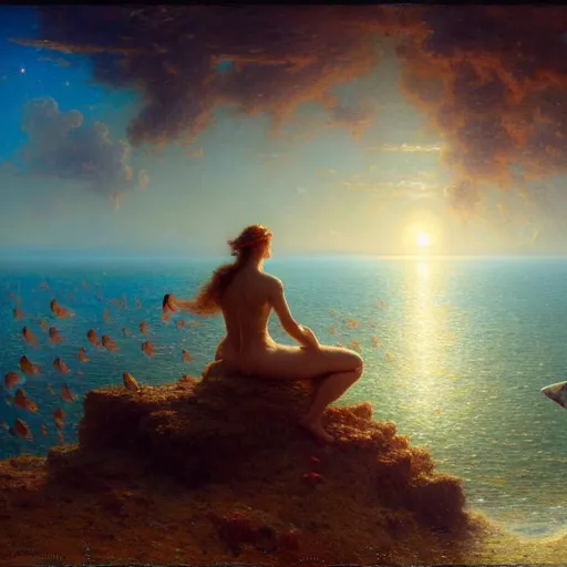 Image similar to point of view, you are deep in the ocean looking up, you see fishes, flora and fauna, higher you see the splendorous milk way illuminating the sea. highly detailed painting by gaston bussiere, greg rutkowski 8 k